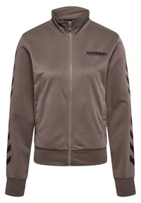 Brown zip-up jacket made of smooth fabric with a high collar. Black logo and chevron pattern on sleeves. Features side pockets and fitted cuffs.
