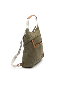 Olive green canvas bag with a structured shape, leather accents, a front pocket, and a wide adjustable strap. Textured surface finish.