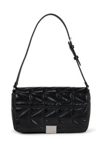 Borsa a mano in pelle nera con motivo trapuntato, forma rettangolare, tracolla regolabile e dettagli in metallo sul davanti.