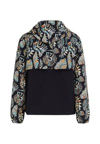 Kurtka z kapturem, dolna połowa w kolorze czarnym, górna połowa, rękawy i kaptur ozdobione wielokolorowymi abstrakcyjnymi wzorami liści i muszli.