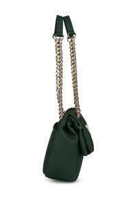 Sac à épaule en cuir vert foncé avec des anses en chaîne dorée et une structure douce et décontractée.