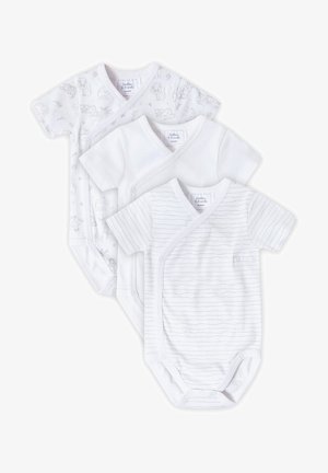 Drei kurzärmelige Bodysuits in Weiß: einer mit Tiermotiven, einer einfarbig und einer mit grauen Streifen. Hergestellt aus weicher Baumwolle, mit Druckknopfverschlüssen.