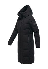 Black padded winter coat with a high collar and hood, featuring a zip closure, two side pockets, and elastic cuffs. Rectangular quilted design.