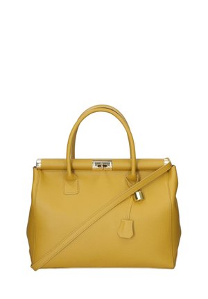 Sac à main en cuir jaune avec deux poignées courtes, une longue bandoulière et un petit détail de serrure suspendu à la bandoulière.