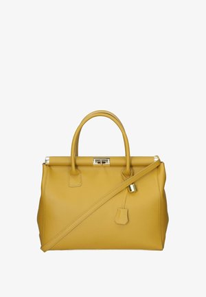 Sac à main en cuir jaune avec deux poignées courtes, une longue bandoulière et un petit détail de serrure suspendu à la bandoulière.