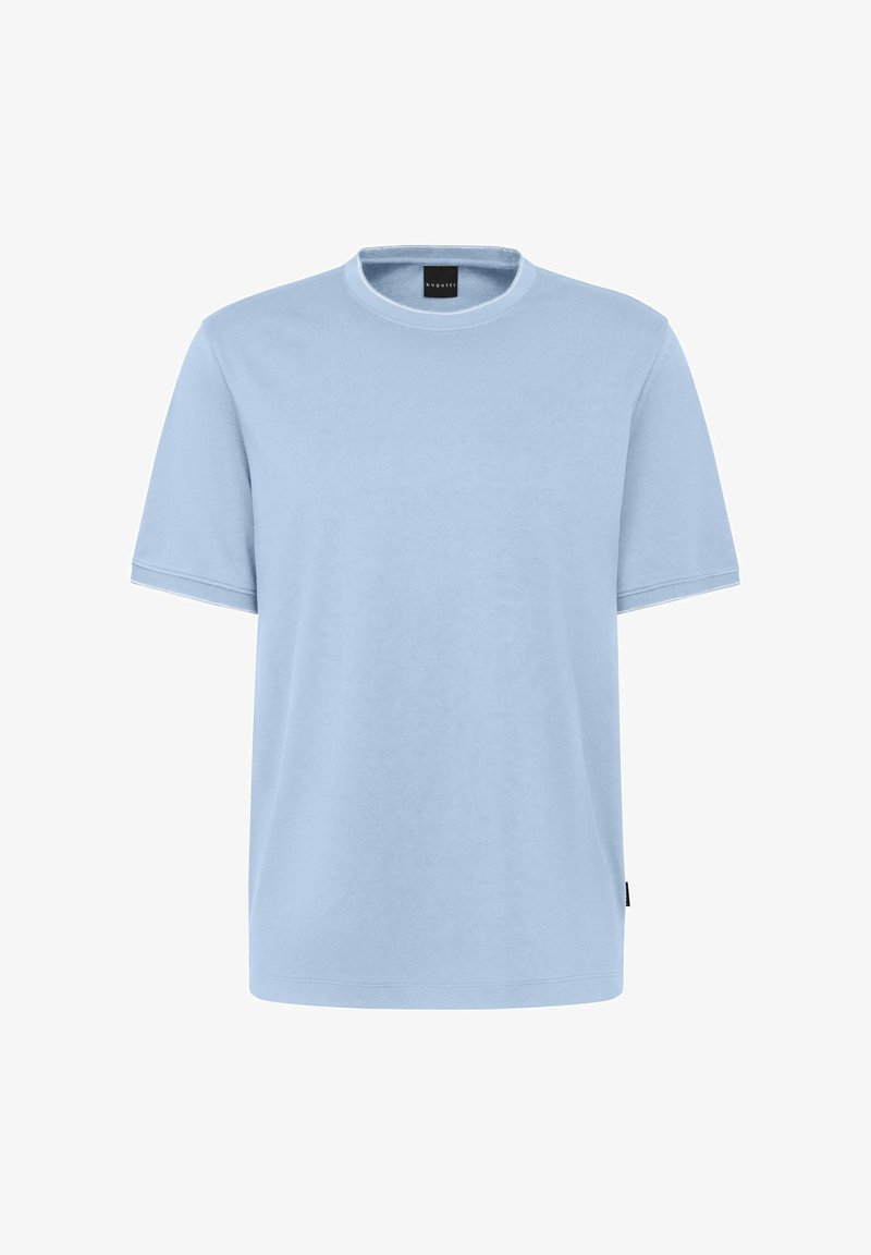 Hellblaues T-Shirt mit kurzen Ärmeln aus weicher Baumwolle. Verfügt über einen Rundhalsausschnitt und einen lockeren Schnitt mit einer subtilen Struktur und ohne sichtbare Muster.