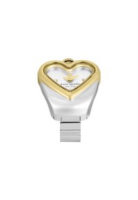 Heart-shaped watch with a silver metal strap, gold-toned bezel, and white dial featuring a spade logo and three crystal markers.