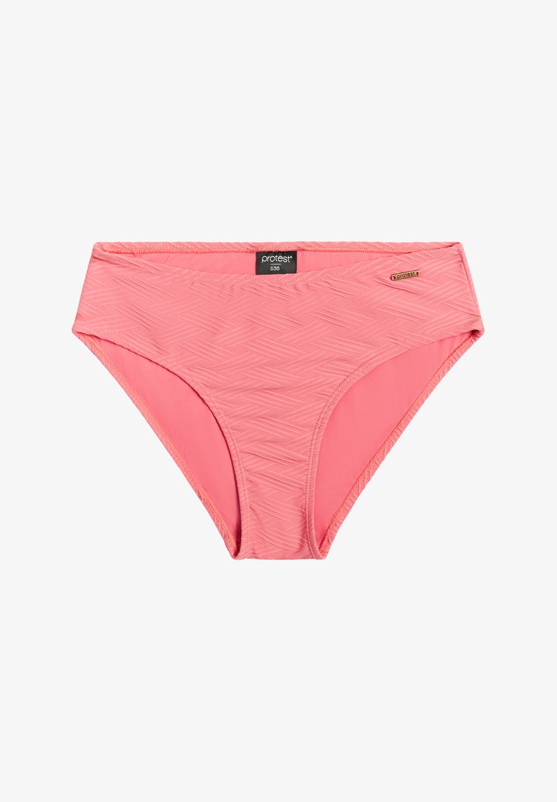 Rožinė maudymosi kelnaitė su tekstūruota žuvytės rašto medžiaga, turinti juosmens juostą ir logotipo etiketę. Pagaminta iš tamprios medžiagos, tinkamos maudymosi drabužiams.