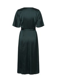 Rochie din satin verde închis, cu mâneci scurte, talie bine definită și fustă midi. Textură fină și design minimalist.