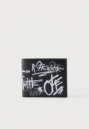 Czarny skórzany portfel z dwoma klapkami z białym tekstem i symbolami w stylu graffiti, w tym powtarzającym się logo "Off-White".