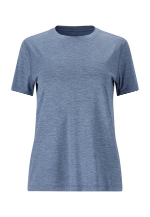 Blå kortærmet t-shirt lavet af blødt stof, med en rund halsudskæring og en let løs pasform uden synlige mønstre eller accenter.