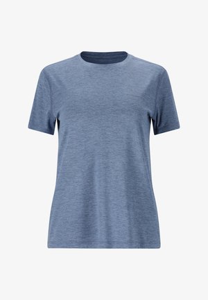 Blå kortærmet t-shirt lavet af blødt stof, med en rund halsudskæring og en let løs pasform uden synlige mønstre eller accenter.
