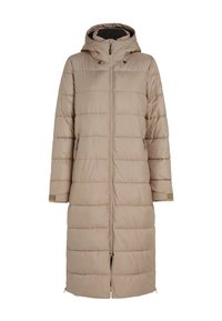 Beige puffjacka med huva, med quiltad design, frontdragkedja och sidofickor. Slät textur och medellång silhuett.