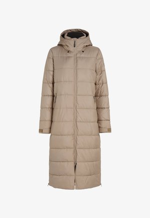 Beige puffjakke med hætte, med quiltet design, frontlynlås og sidelommer. Glat tekstur og mellemlang silhuet.