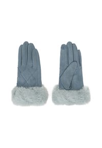 Guanti in suede di colore azzurro chiaro con cuciture decorative a diamante e polsini in pelliccia sintetica. La texture è morbida, con una finitura liscia e punte arrotondate.