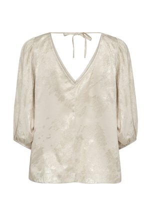 Bleg beige bluse med V-udskæring, korte puffærmer og et tekstureret mønster. Bindes bagpå, lavet af et glat, let skinnende stof.