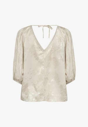 Világos bézs blúz V-nyakkal, rövid puffujjakkal és textúrált mintával. Hátul megkötős, sima, enyhén fényes anyagból készült.