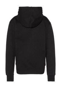 Felpa nera con cappuccio, realizzata in una morbida miscela di cotone, con un design semplice, polsini a costine e orlo dritto. Solo vista posteriore.