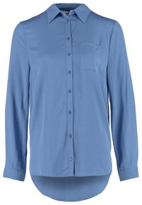 Camisa de botones de manga larga color azul claro con cuello, bolsillo en el pecho y dobladillo curvado. Fabricada con una tela suave de textura agradable.