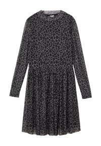 Schwarz langärmliges Kleid mit Leopardenmuster, rundem Ausschnitt und gerafftem Rock für zusätzliches Volumen.