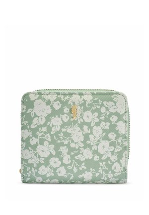 Zielony portfel na zamek błyskawiczny z białym kwiatowym wzorem i małym złotym emblematem ptaka na przedniej stronie.