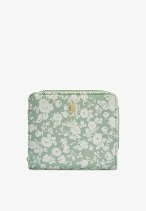 Zielony portfel na zamek błyskawiczny z białym kwiatowym wzorem i małym złotym emblematem ptaka na przedniej stronie.