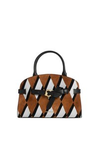 Borsa a mano con motivo a rombi marrone e bianco, dettagli in pelle nera, dotata di manico superiore e accessori in metallo color oro. Materiale in suede strutturato.