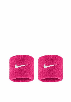 Coppia di fasce da polso Nike rosa acceso con loghi swoosh bianchi, realizzate in morbido tessuto spugna.