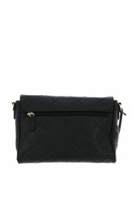 Borsa a tracolla in pelle nera con motivo trapuntato, dotata di patta ribaltabile, chiusura con zip e dettagli in metallo color oro.