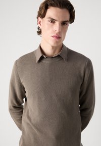 Suéter marrón con relieve y una camisa de color marrón claro con cuello debajo; cuenta con mangas largas, cuello redondo y tela texturizada.