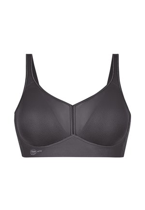 Sort sportbh med mesh-textur, der har et V-formet design og kontrastsyninger. Justerbare stropper og mærkat med brandlogo.