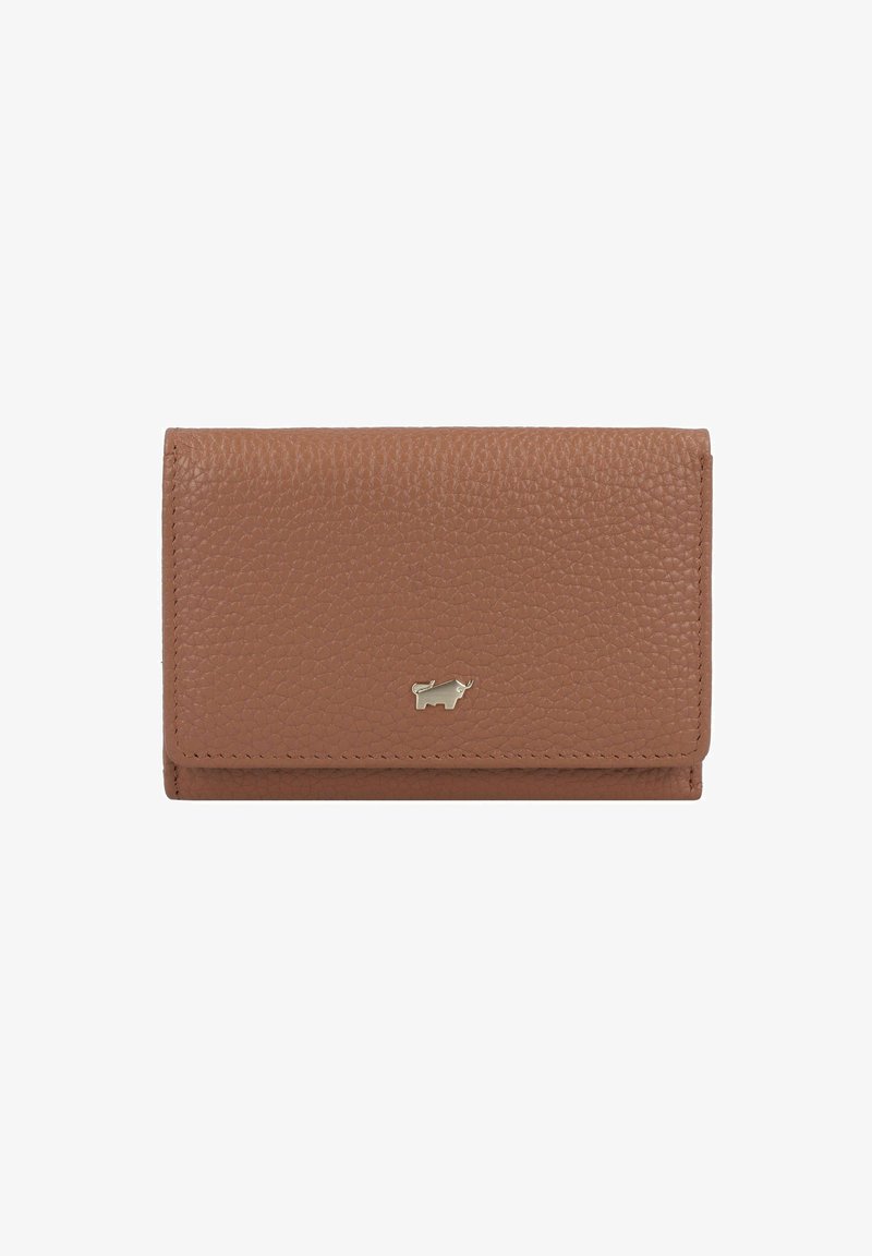 Portafoglio in pelle marrone con superficie testurizzata. Presenta un piccolo emblema argentato e una chiusura a pattina. Design compatto e rettangolare.