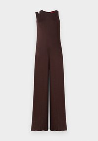 Brun uprørert jumpsuit med rett snitt, brede ben, detaljer med skulderutskjæring og skjult glidelås bak. Glatt stoffstruktur.