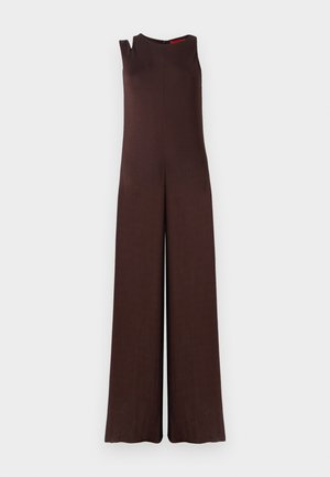 Pruun ilma varrukate ja sirge lõikega jumpsuit, laiad sääred, õlavarre lõikega detail ja varjatud tagazipper. Sile kangatekstuur.