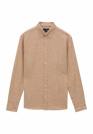 Jasnobrązowa, długosleeve, zapinana na guziki koszula z teksturowanej tkaniny. Posiada kołnierz zapinany na guziki oraz guziki z przodu w standardowym kroju.