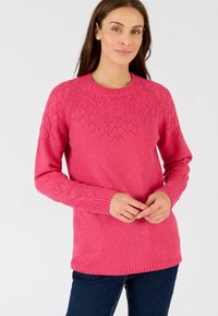 Maglione rosa lavorato a maglia con scollatura tonda e motivo testurizzato sulle maniche e sulle spalle. Polsini e orlo a coste.