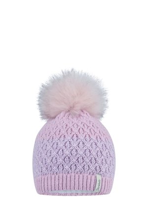 Hellorosa gestrickte Mütze mit einem strukturierten Diamantmuster, gekrönt von einem flauschigen hellroten Pom-Pom, mit einem dezenten Markenetikett am Bündchen.