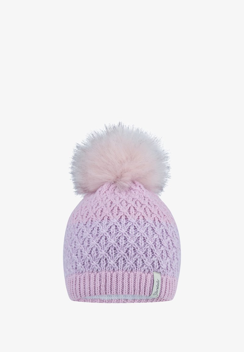 Light pink knit beanie with textured diamond pattern, topped with a fluffy light pink pom-pom, featuring a subtle brand label on the cuff.