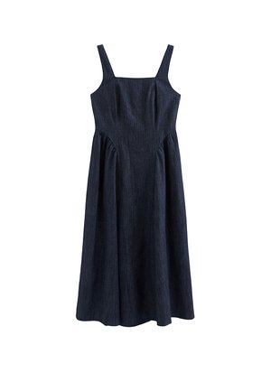 Ciemnoniebieska, bezrękawowa sukienka midi z kwadratowym dekoltem i rozkloszowanym dołem z marszczonymi bocznymi szwami.