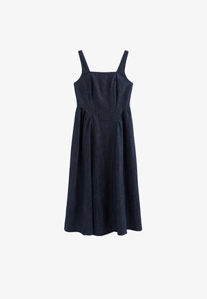 Ciemnoniebieska, bezrękawowa sukienka midi z kwadratowym dekoltem i rozkloszowanym dołem z marszczonymi bocznymi szwami.