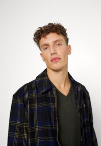 Blau- und schwarz kariertes Jackett mit gelben Akzenten, aus Wollstoff, mit Kragen, getragen über einem dunkelgrünen V-Ausschnitt-Pullover.