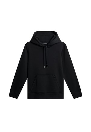 Svart huvtröja med snörning i huven, framficka i känguru-stil och ribbade ärmmuddar. Slät tyg med en diskret präglad logotyp på bröstet.