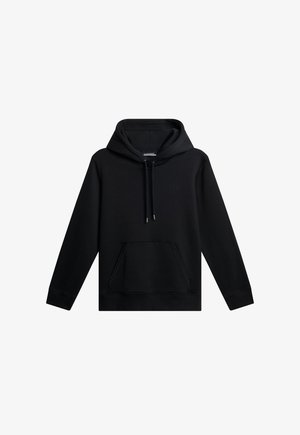 Svart huvtröja med snörning i huven, framficka i känguru-stil och ribbade ärmmuddar. Slät tyg med en diskret präglad logotyp på bröstet.