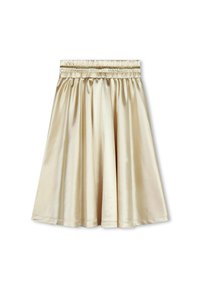 Jupe en satin crème avec une texture lisse, une taille élastique froncée et une coupe évasée qui s'étend sous le genou.