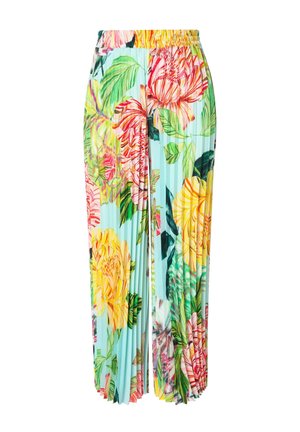 Pantalones de pierna ancha plisados con cintura elástica, con un gran estampado floral colorido sobre un fondo azul claro.