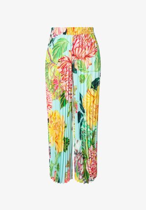 Pantaloni ampi a pieghe con vita elastica, caratterizzati da una grande stampa floreale colorata su sfondo azzurro chiaro.