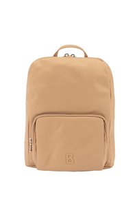 Bež nahrbtnik iz gladkega, trpežnega materiala. Ima zgornji ročaj, glavni predal z zadrgo in sprednji žep z logotipom.
