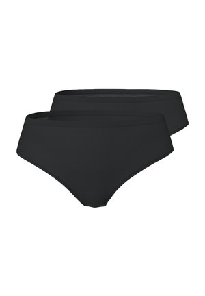 Zwei schlichte schwarze Damen-Slips im Brief-Stil, gestapelt gezeigt, wobei einer leicht hinter dem anderen auf weißem Hintergrund liegt.