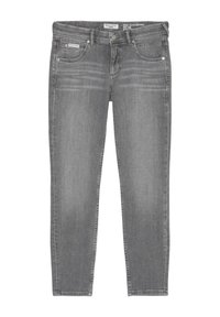 Jeans gris raccourcis avec un design classique à cinq poches, présentant un léger délavage et une fermeture à bouton. Fabriqués en tissu denim.