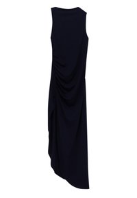 Vestido sin mangas de un oscuro color navy con detalles drapeados en el costado, dobladillo asimétrico, confeccionado en una tela ligera de textura suave.